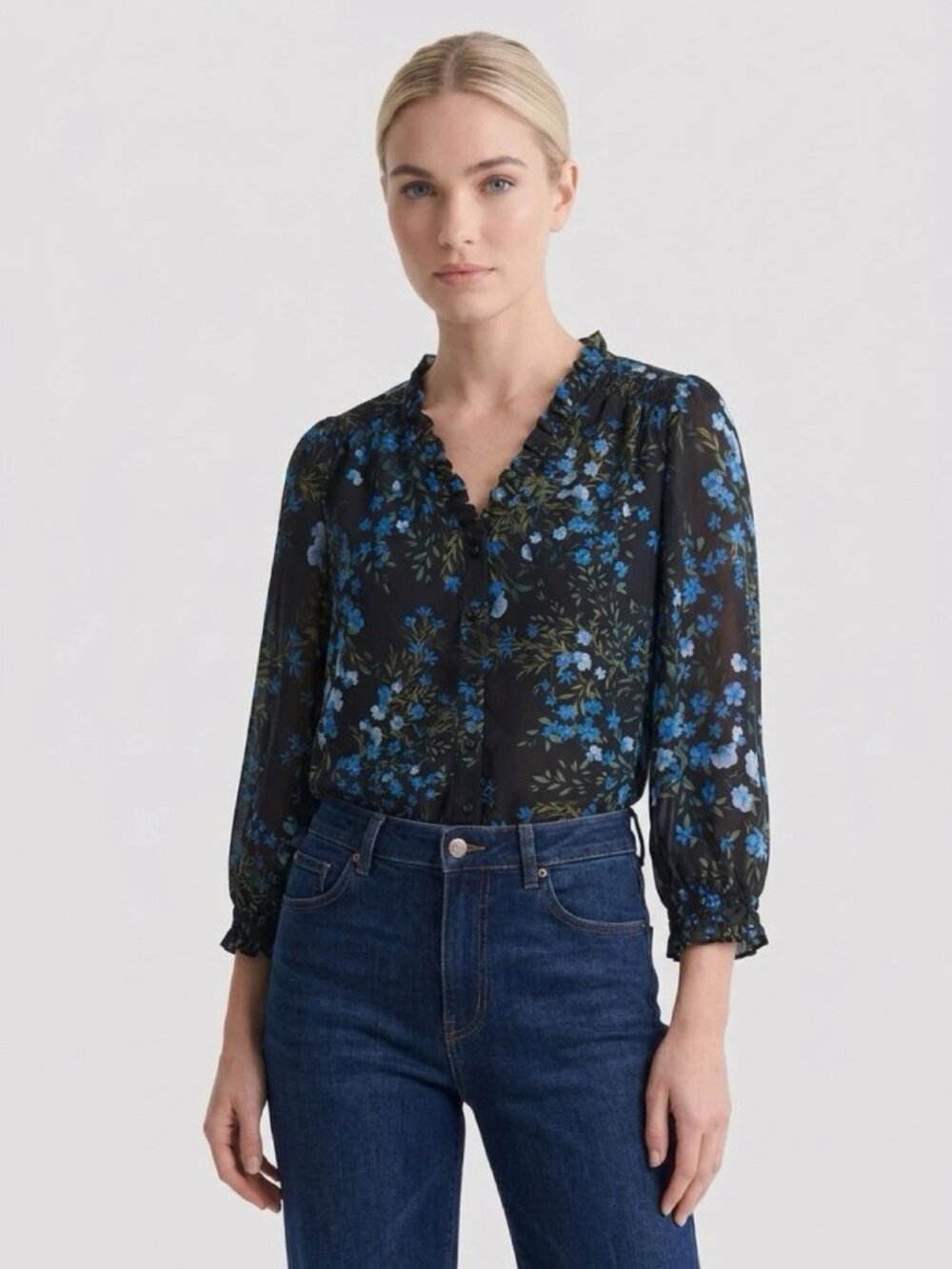 CECE Black with Blue Floral Print 3/4 Length Sleeve Top Sz XS NWT